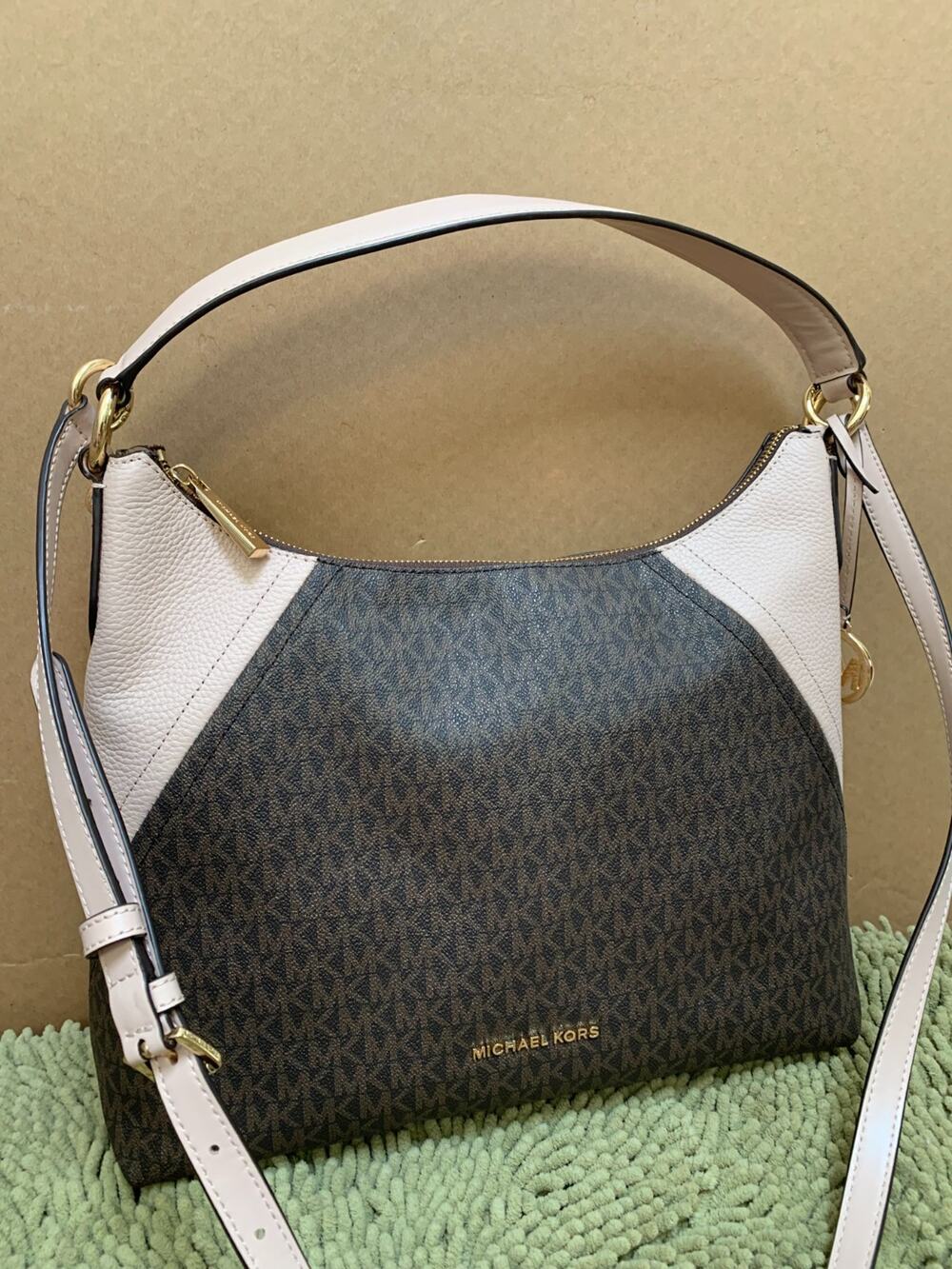 MICHAEL KORS ARIA Large Brown/Soft Pink Signature Shoulder Bag w/XB Strap NWT